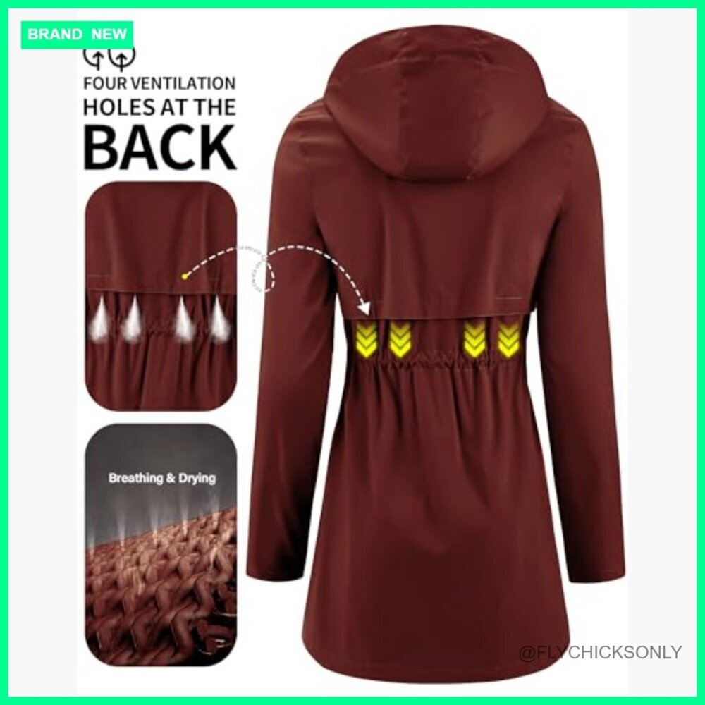 Packable Long Raincoat Hooded Plaid Lined Trench Coat Waterproof Windproof - Picture 5 of 7